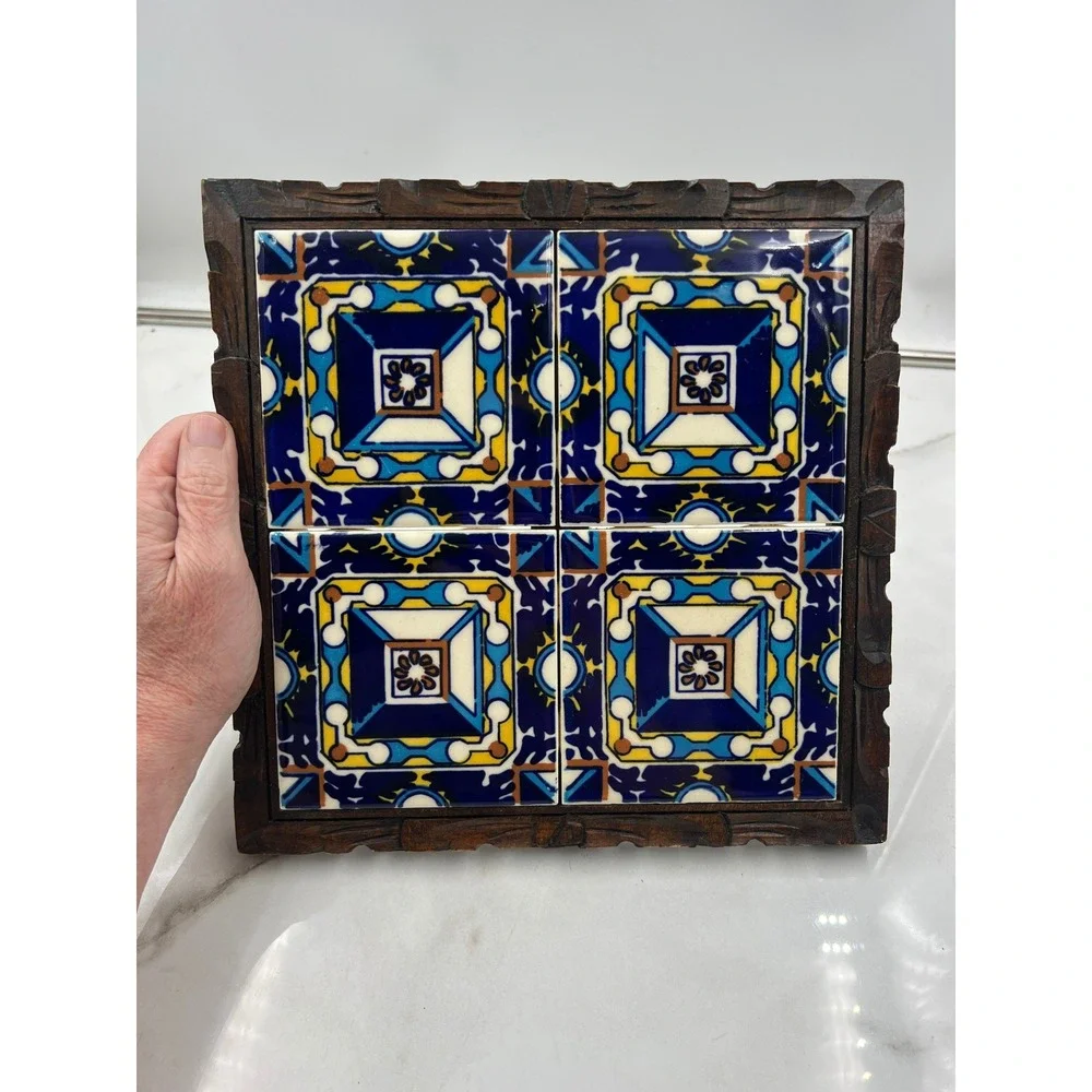Vintage Orion Monterrey Mexico Ceramic Tile Trivet Carved Wood Frame Talavera